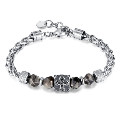 Men’s Stainless Steel Bracelet – Cross Chain with Skull / Wolf / Leopard Head & Tiger Eye Beads, Vintage Style