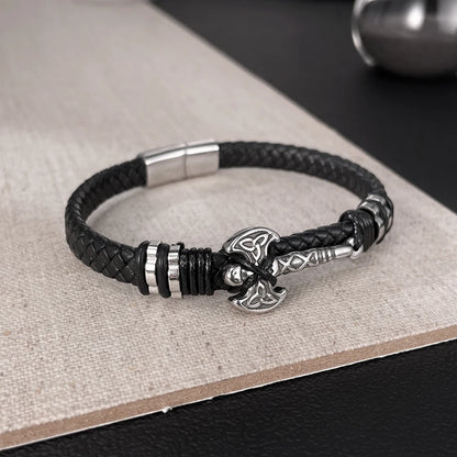 Men’s Axe Pendant Leather Bracelet – Braided Leather Wristband with Stainless & Titanium Steel, Bold Urban Style