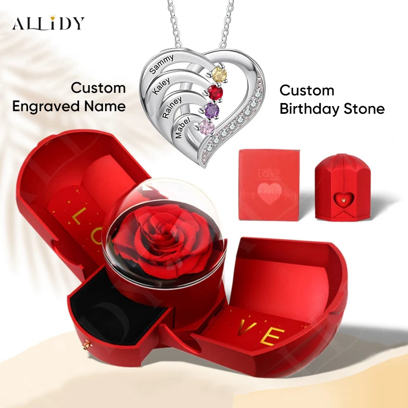 Personalized Custom Engraving Name Birthday Stone Pendant Stainless Steel with Double Door Sngel Wings Drawer Jewelry Box Women