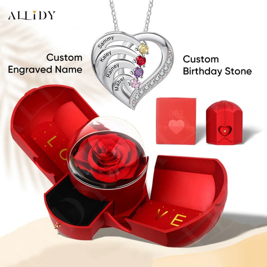 Personalized Custom Engraving Name Birthday Stone Pendant Stainless Steel with Double Door Sngel Wings Drawer Jewelry Box Women