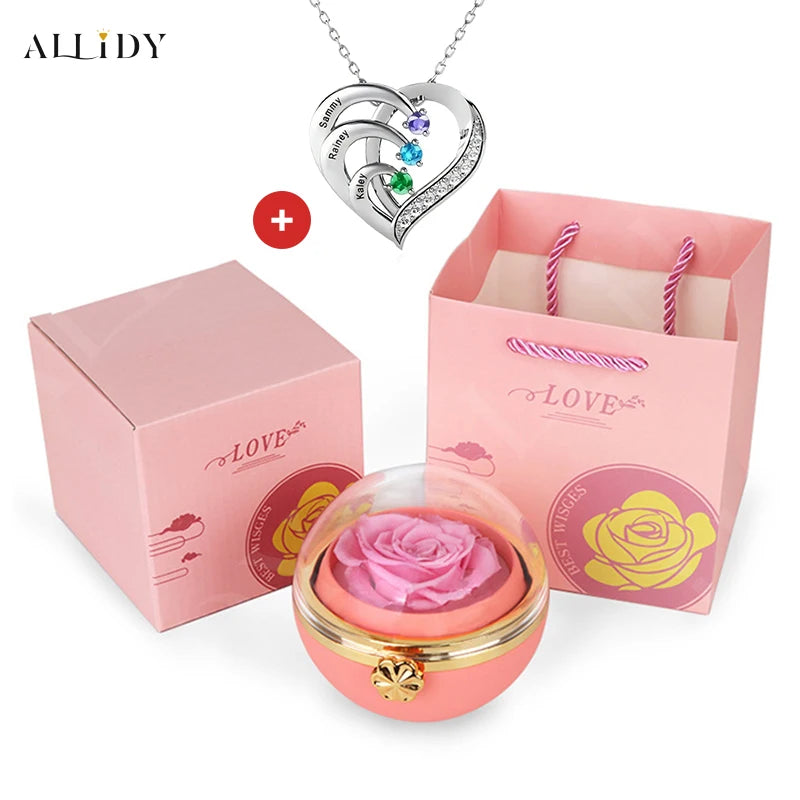 Personalized Heart Necklace with 2-4 Birthstones Custom Engraved Name Pendant Preserved Rose Jewelry Gift Box Christmas Women