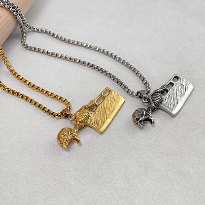 Men’s Punk Skull Cleaver Pendant Necklace – Retro Stainless Steel Butcher Knife Hip Hop Jewelry