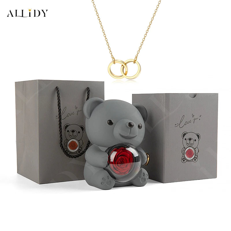 Red Eternal Rose Teddy Bear with Stainless Steel Custom Names Necklace Jewelry Gifts Set for Woman Christmas Gift