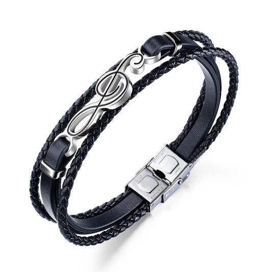 Men’s Music Note Leather Bracelet – Hip Hop Multi-Layer Braided Wristband, Trendy Punk Style Gift for Boyfriend