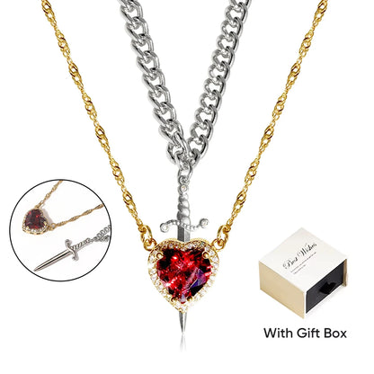 Heart and Sword Zircon Crystal Necklace 2pcs Women New Fashion Double Chain Pendant Female Mother's Day Gifts for Mom/Women
