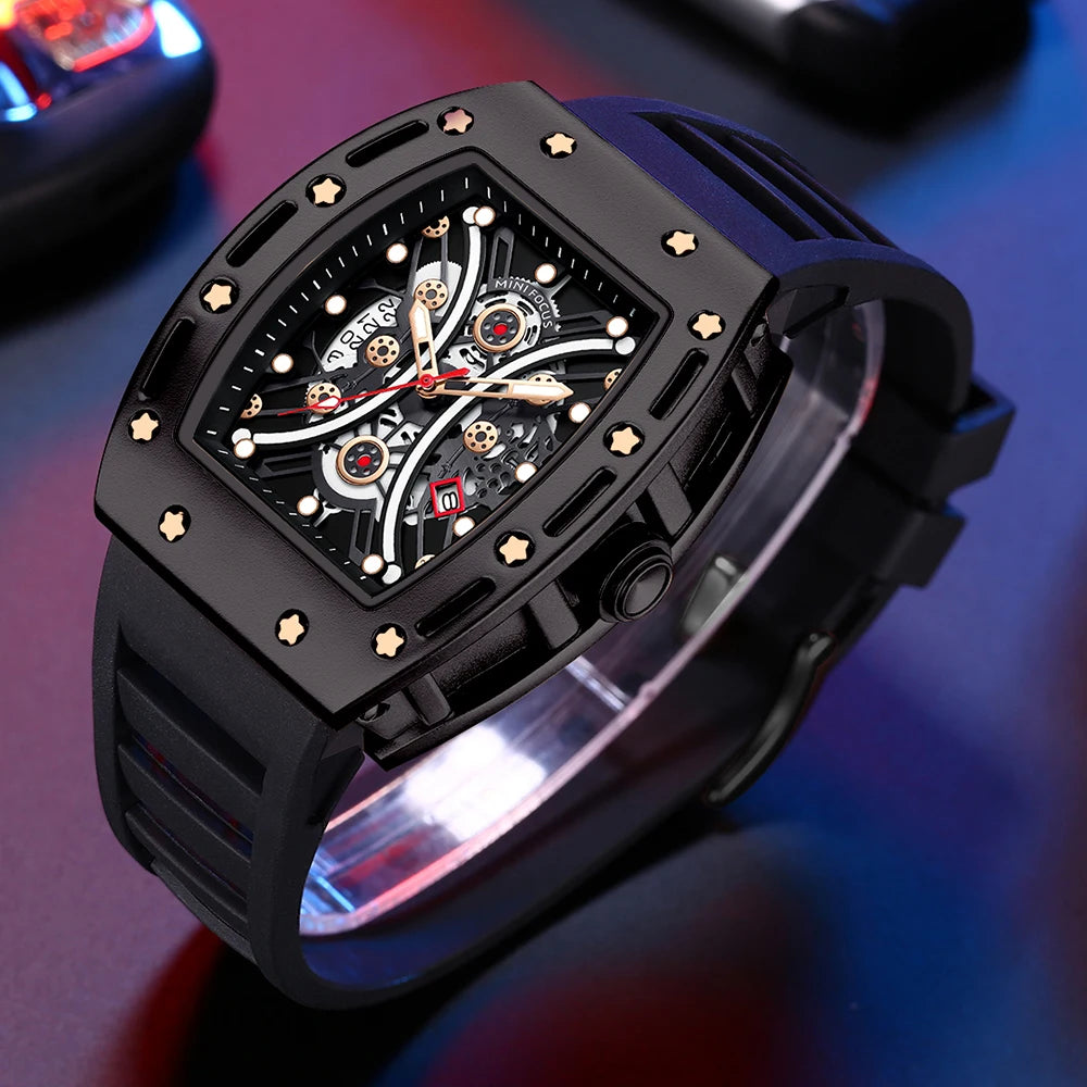 MINIFOCUS Men’s Hot Barrel‑Shaped Sport Watch Curved Glass Skeleton Dial Automatic Luminous Waterproof Watch Gift for Boyfriend