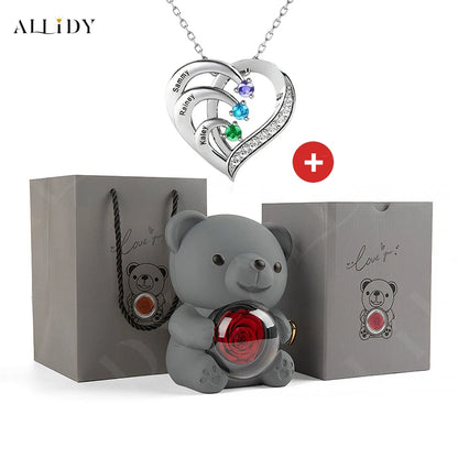 Fashion Personality Custom Engraved Name Heart Necklace and Eternal Rose Teddy Bear Jewelry Gift Box Christmas Valentine Women