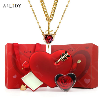 Gothic Romance Valentine's Day Necklace Red Crystal Love Dagger Necklace Couple Chain Pendant Punk Choker Rose Jewelry Gifts Box