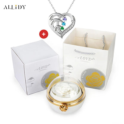 Personalized Heart Necklace with 2-4 Birthstones Custom Engraved Name Pendant Preserved Rose Jewelry Gift Box Christmas Women