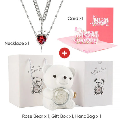Mother's Day 3D Card Red Zircon Heart and Sword Necklace Double Necklace Real Rose Hug Bear Mothers Day Jewelry Gift Set for Mom