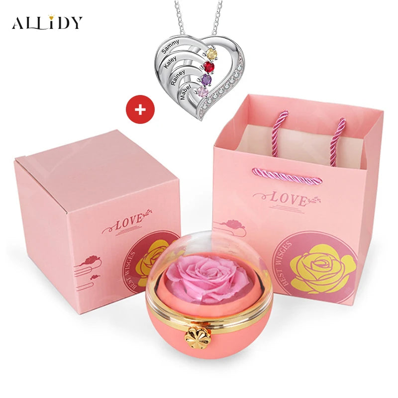 Personalized Heart Necklace with 2-4 Birthstones Custom Engraved Name Pendant Preserved Rose Jewelry Gift Box Christmas Women