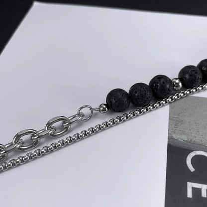Men’s Double-Layer Lava Stone Chain Bracelet – Creative Stainless Steel Beaded Wristband, Street Style Fashion Accessory