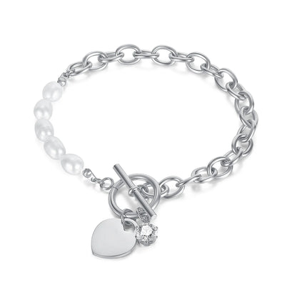 Elegant Women's Stainless Steel Bracelet with Freshwater Pearls and Heart Zircon – INS Style Titanium Jewelry