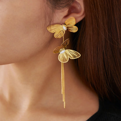 Luxury French Style Butterfly Tassel Earrings for Women – Bold Stainless Steel Titanium Statement Jewelry