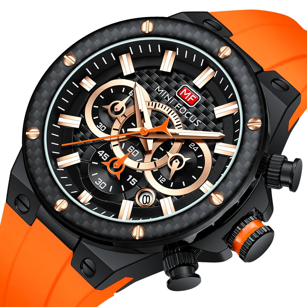 MINIFOCUS Men’s Sports Quartz Watch – Waterproof Chronograph Carbon Fiber Bezel Luminous Hands Multifunction Outdoor Timepiece