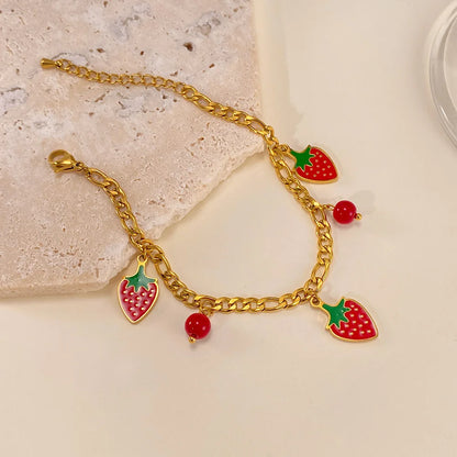 Fruit Charm Bracelet for Women – Stainless Steel Cherry Strawberry Enamel Titanium Steel Fashion Jewelry