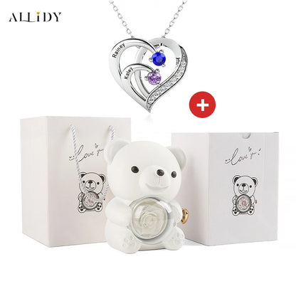 Fashion Personality Custom Engraved Name Heart Necklace and Eternal Rose Teddy Bear Jewelry Gift Box Christmas Valentine Women