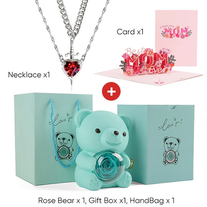 Mother's Day 3D Card Red Zircon Heart and Sword Necklace Double Necklace Real Rose Hug Bear Mothers Day Jewelry Gift Set for Mom