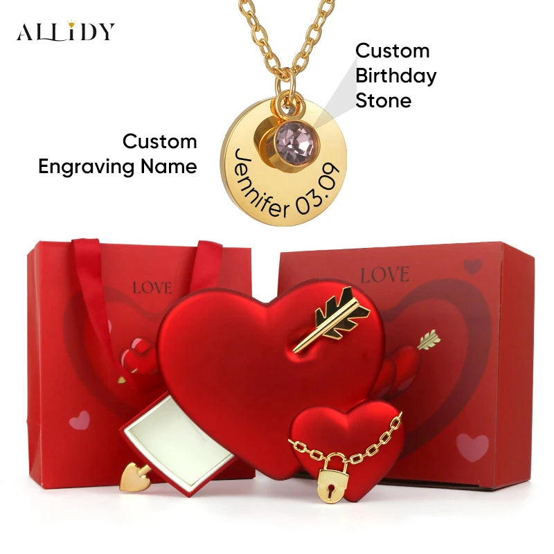 Personalized Necklace Custom Engraved Name Birthday Stone Pendant Red/Pink Love Lock Jewelry Storage Box Birthday Present Women