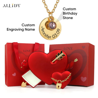 Personalized Necklace Custom Engraved Name Birthday Stone Pendant Red/Pink Love Lock Jewelry Storage Box Birthday Present Women