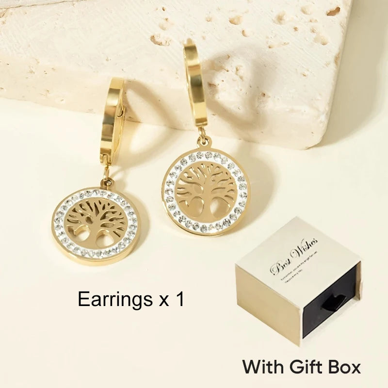 Vintage Fashion Life Tree Pendant Necklace Hollow Zircon Stainless Steel Necklace Bracelet Earrings Jewelry Set  Women's