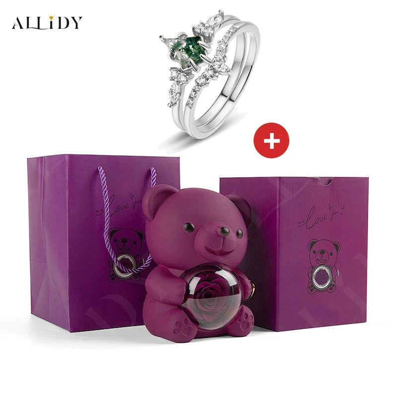 Natural Green Moss Stone Water Grass Agate High Quality Women's Two-piece Wedding Ring Set withReal Rose Bear Jewelry Gifts Set