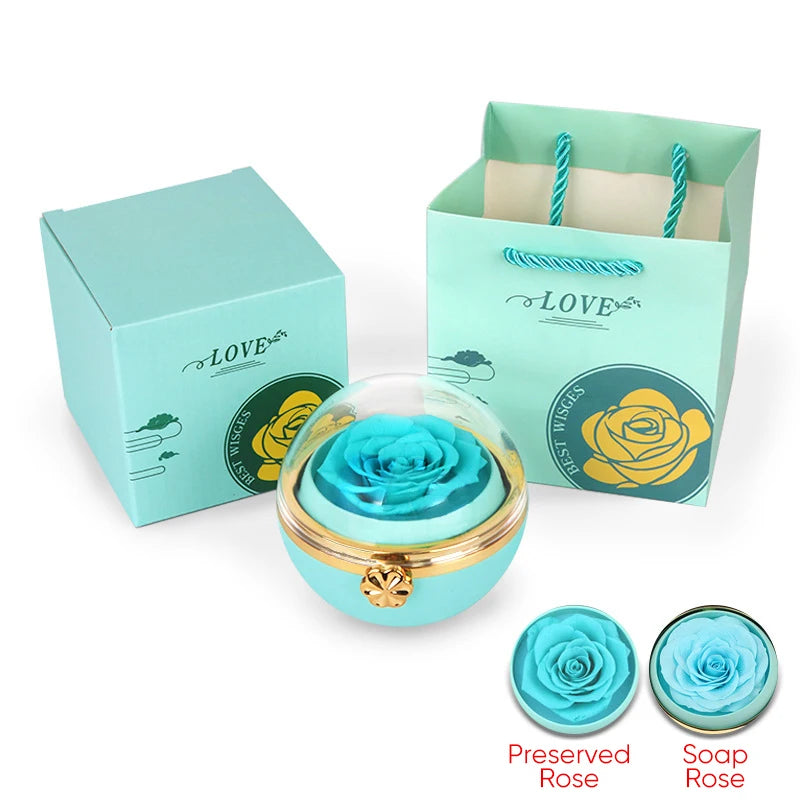 New Rotating Round Real Preserved Eternal Rose Gift Box Necklace or Ring Jewelry Storage Box