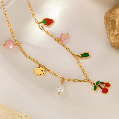 Trendy Cherry Pendant Necklace for Women – Stainless Steel Multi-Charm Aesthetic Clavicle Chain
