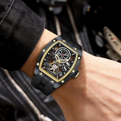 MINIFOCUS Men's Bestseller Barrel Automatic Mechanical Watch Full Skeleton Stainless Steel Case Trendy Fathers Day Gift for Him