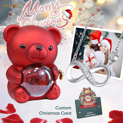 Christmas Gift Real Rose Teddy Bear and 8 Love Necklace with Christmas Birthday Thanks Card Jewelry Gift Set for Girl Women