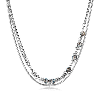 Men’s Minimalist Double Layer Necklace – Black Agate & Stainless Steel Cuban Chain with Natural Stone Detail