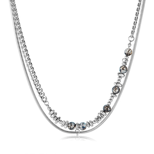 Men’s Minimalist Double Layer Necklace – Black Agate & Stainless Steel Cuban Chain with Natural Stone Detail