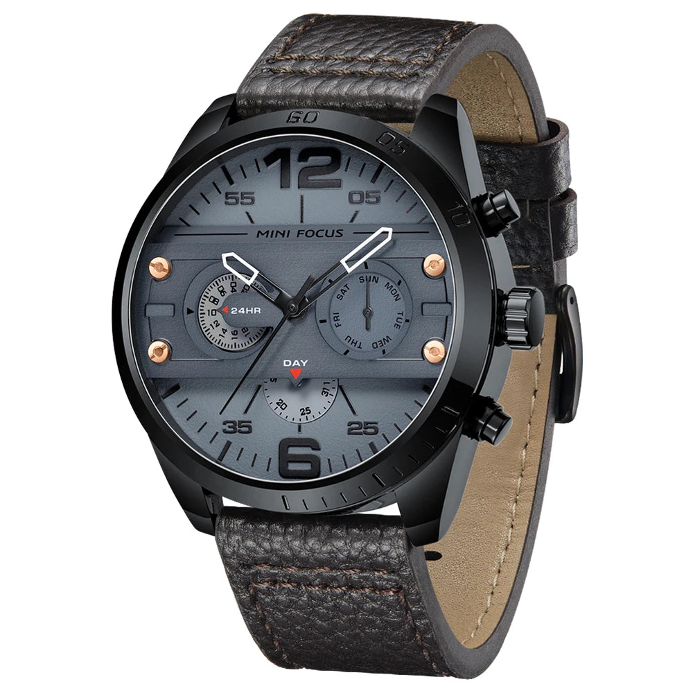 MINIFOCUS Men's Japanese Black Quartz Watch Multifunction Waterproof True Belt Trendy Casual Fashion Watch Gift for Men