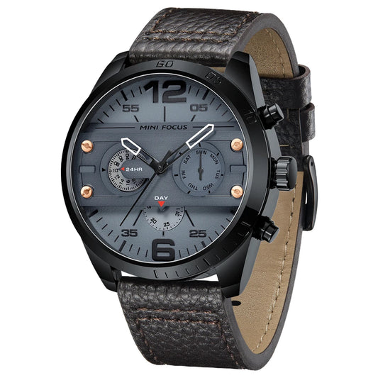 MINIFOCUS Men's Japanese Black Quartz Watch Multifunction Waterproof True Belt Trendy Casual Fashion Watch Gift for Men