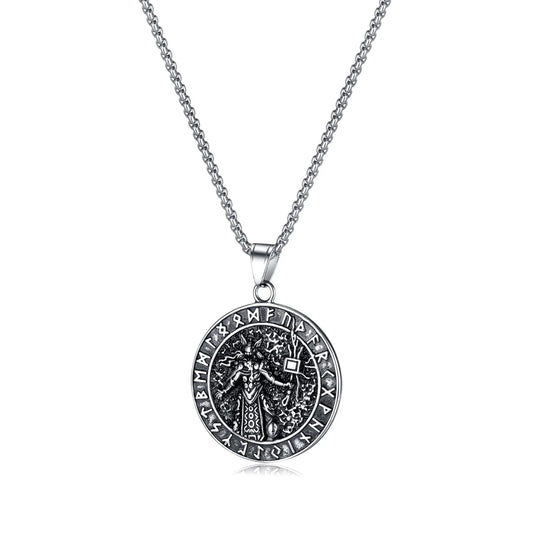 Men’s Viking Odin Pendant Necklace – Norse Mythology Stainless Steel Rune Amulet Jewelry