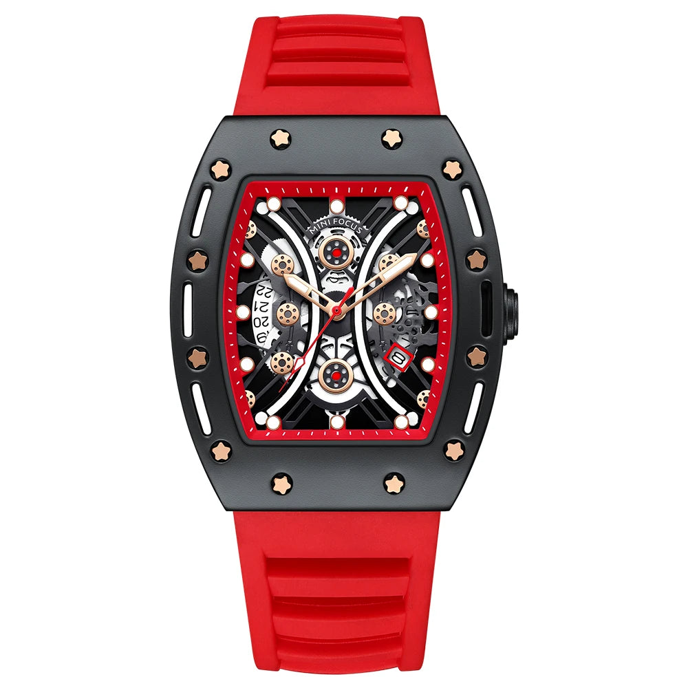 MINIFOCUS Men’s Hot Barrel‑Shaped Sport Watch Curved Glass Skeleton Dial Automatic Luminous Waterproof Watch Gift for Boyfriend