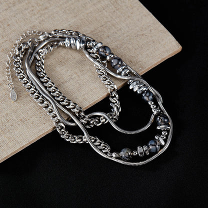Men’s Minimalist Double Layer Necklace – Black Agate & Stainless Steel Cuban Chain with Natural Stone Detail