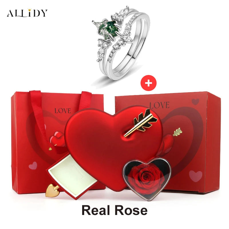 Green Moss Stone Stainless Steel Two-piece Ring Set with Creative Rose Drawer Jewelry Box Proposal Declaration Wedding Gifts Box