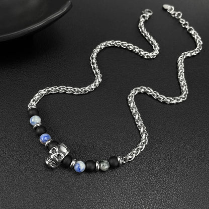 Men’s Skull Pendant Necklace – Stainless Steel Blue Dot Stone & Matte Beads Gothic Punk Jewelry