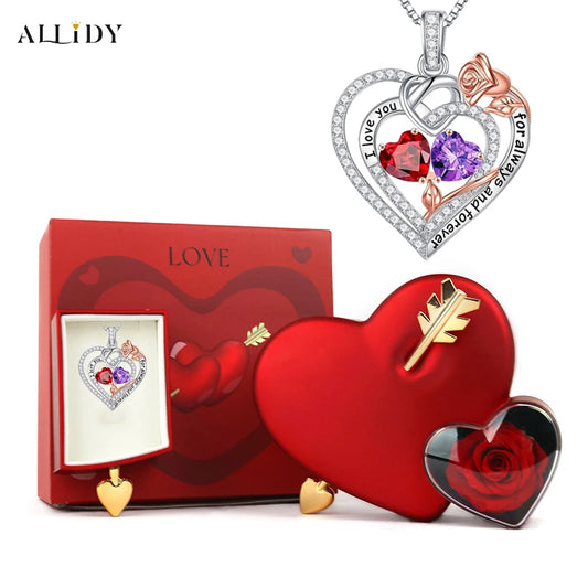 New Two-Tone Gemstone Inlaid Heart Pendant Necklace and Rose Jewelry Gift Box for Valentine's, Mother's Day, Birthday Gift Set