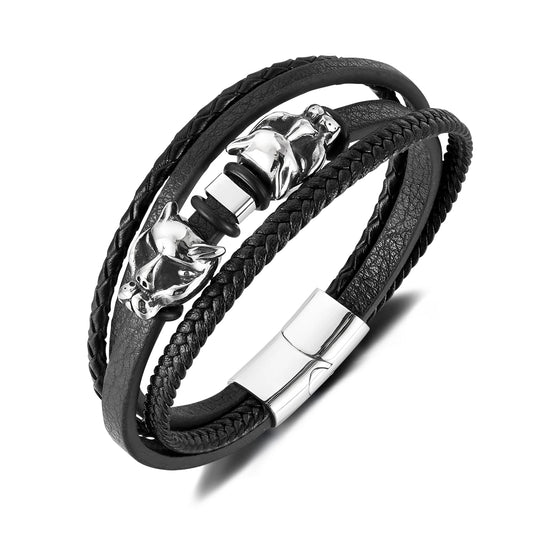 Men’s Leopard Head Leather Bracelet – Trendy Braided Wristband with Stainless & Titanium Steel, Bold Animal-Inspired Design