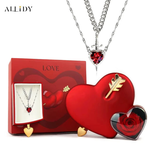 Gothic Romance Valentine's Day Necklace Red Crystal Love Dagger Necklace Couple Chain Pendant Punk Choker Rose Jewelry Gifts Box