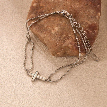 Minimalist Double Layer Cross Stainless Steel Bracelet for Women – Stylish Beaded Chain Jewelry
