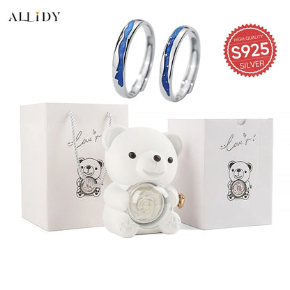 S925 Sterling Silver Size Open Couple Ring with Bear Shaped Gift Box Adjustable Fashion Jewelry Accessories for Women & Men