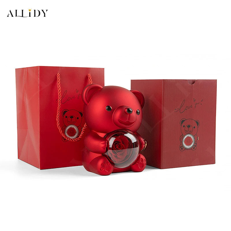 2024New Surprise Gift Ideas Real Preserved Eternal Rose Teddy Bear Necklace Ring Jewelry Box Christmas Valentine's Day Presents