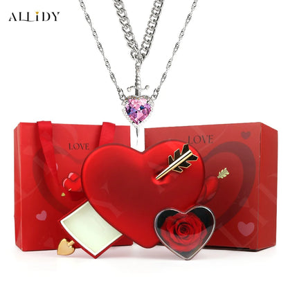 Gothic Romance Valentine's Day Necklace Red Crystal Love Dagger Necklace Couple Chain Pendant Punk Choker Rose Jewelry Gifts Box
