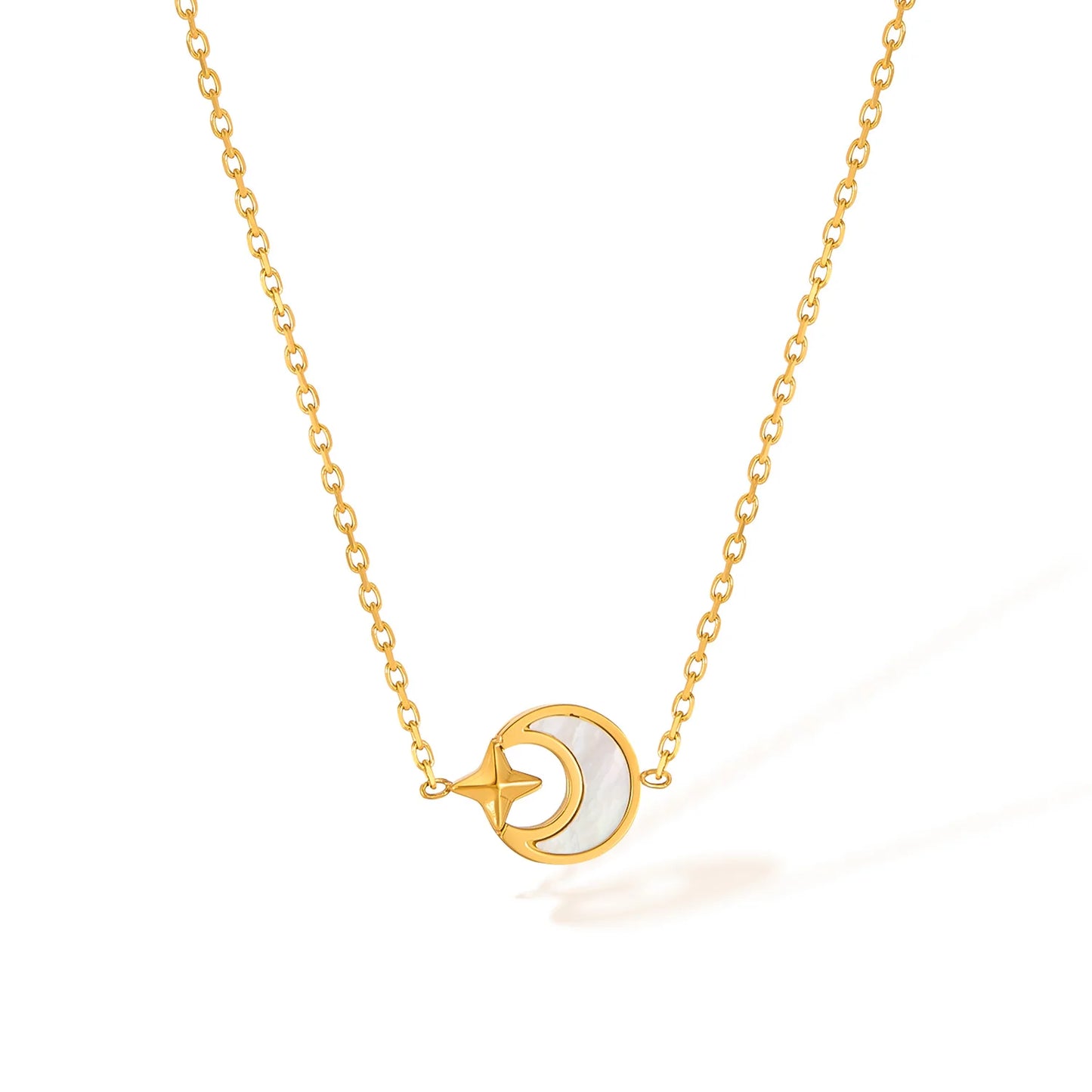 Fashion Versatile 4-Pointed Star Shell Moon Necklace for Women - Stylish Stainless Steel Titanium Steel Collarbone Chain Jewelry