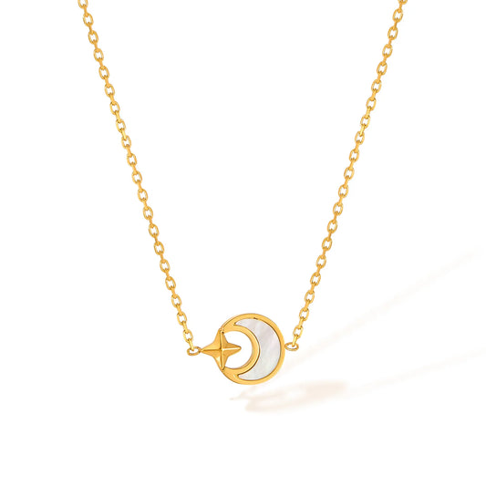 Fashion Versatile 4-Pointed Star Shell Moon Necklace for Women - Stylish Stainless Steel Titanium Steel Collarbone Chain Jewelry