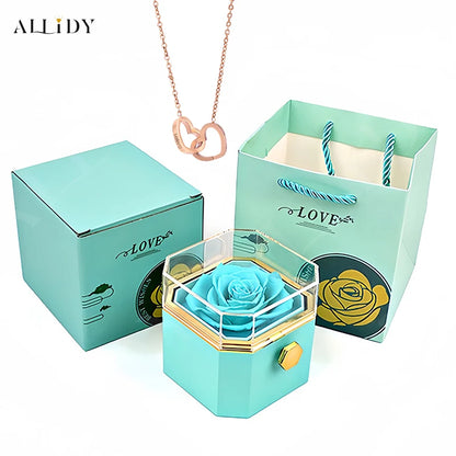 New Octagon Rotating Preserved Rose Proposal Surprise Jewelry Gift Box with Custom Name Necklace Set Holiday for Girlfriend