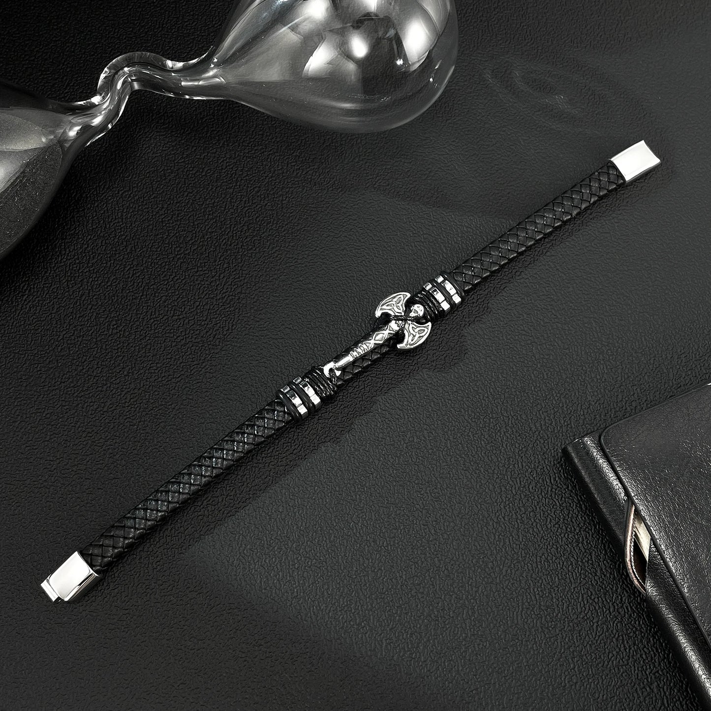 Men’s Axe Pendant Leather Bracelet – Braided Leather Wristband with Stainless & Titanium Steel, Bold Urban Style